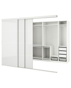 SKYTTA / PAX walk-in wardrobe with sliding doors, white Hokksund/high-gloss light grey, 301x160x240 cm